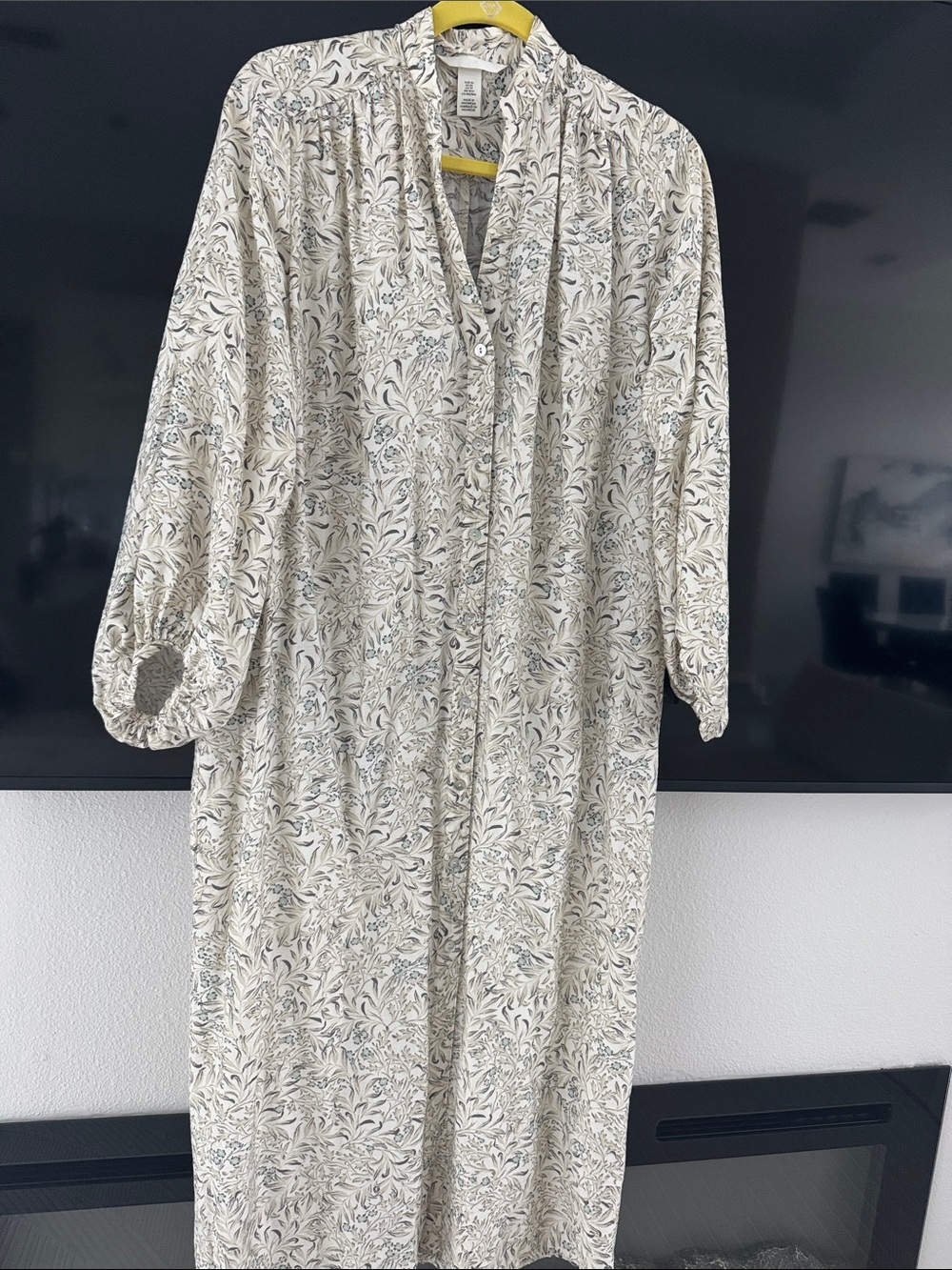 H&M Cream Dress with Blue Floral Print - Long Sleeve Maxi